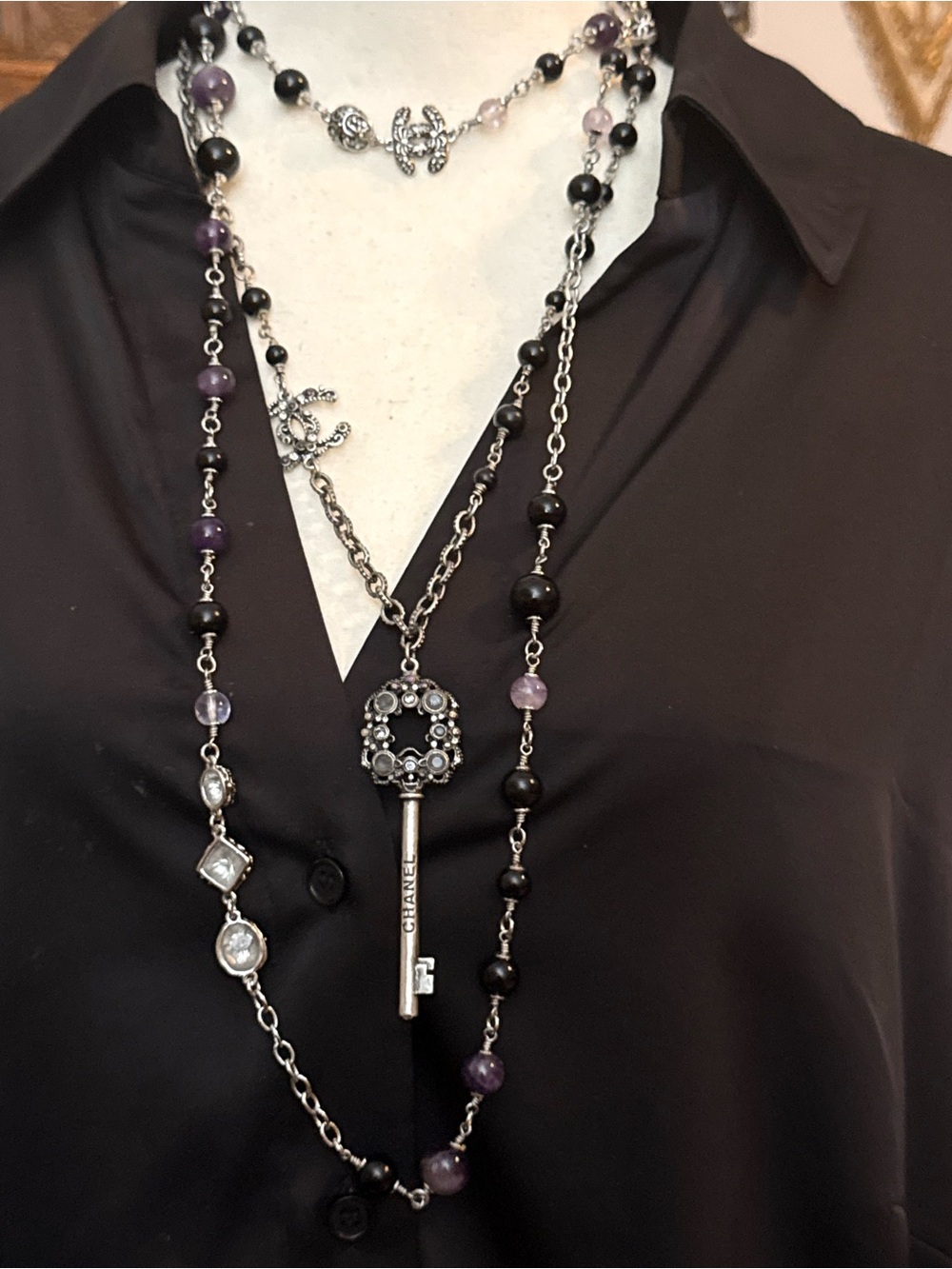 Silver Key Pendant and Beaded Long Necklace - Black & Purple